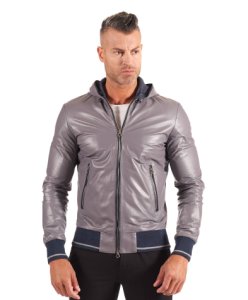 Grey hooded nappa lamb leather bomber jacket