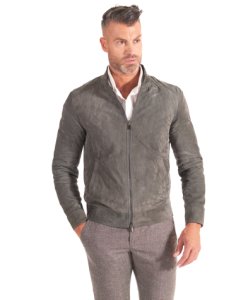 Grey suede lamb leather biker jacket zipper closure