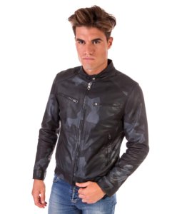 Military black nappa lamb leather biker jacket four zipper pockets