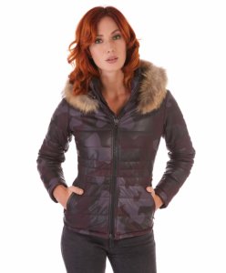 Military bordeaux hooded nappa lamb leather down jacket