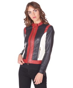 Multicolour perforated leather biker jacket zipper pockets