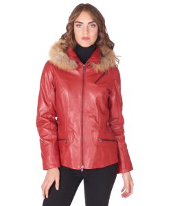 Red hooded nappa lamb leather jacket parka style