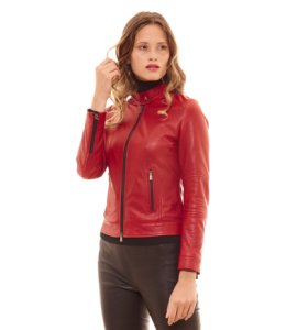 Red pull up lamb leather biker jacket two pockets