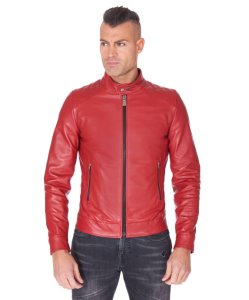 Red quilted nappa lamb leather biker jacket