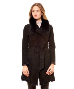 D'arienzo - Suede and fox fur coat with belt and ring collar • black colour