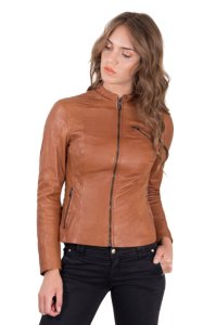 Tan quilted lamb leather biker jacket with zipper pockets