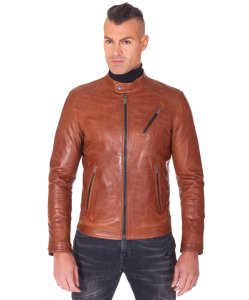 Tan vintage pull up lamb leather biker jacket
