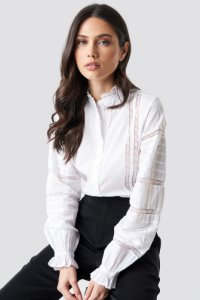 NA-KD Boho Lace Insert Volume Sleeve Shirt - White