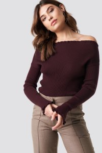 NA-KD Knitted Frill Off Shoulder Sweater - Red