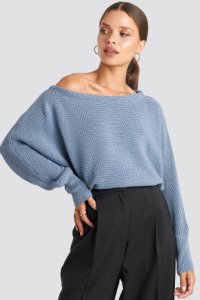 NA-KD Off Shoulder Knitted Sweater - Blue