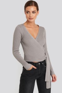 NA-KD Overlap Ribbed Knitted Sweater - Grey