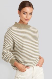 NA-KD Striped Balloon Sleeve Knitted Sweater - Beige