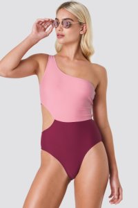 NA-KD Swimwear One Shoulder Block Swimsuit - Pink