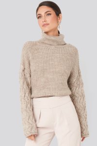 NA-KD Trend Cable Sleeve High Neck Sweater - Beige