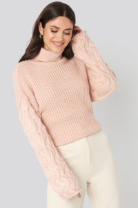NA-KD Trend Cable Sleeve High Neck Sweater - Pink