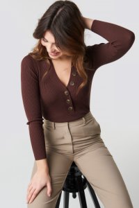 NA-KD Trend Ribbed Buttoned Sweater - Brown