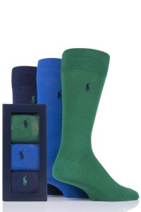 3 Pair Green/ Royal/ Cru Navy Plain Cotton Gift Boxed Socks Men's 6-11 Mens - Ralph Lauren