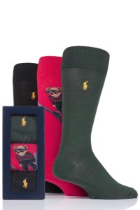 3 Pair Pion Red/ Polo Blk/ Coll Green Ski Jumping Bear and Plain Combed Cotton Gift Boxed Socks Men's 6-11 Mens - Ralph Lauren