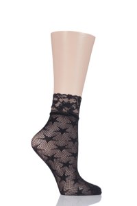Ladies 1 Pair Elle Patterned Net Anklet Socks with Lace Top