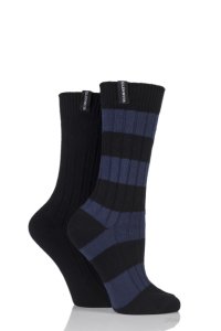 Ladies 2 Pair Glenmuir Block Stripe and Plain Cotton Blend Leisure Socks