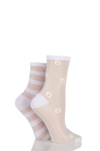 Ladies 2 Pair SockShop Shimmer Daisy and Striped Sheer Pop Socks
