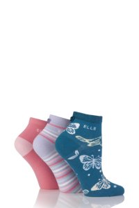 Ladies 3 Pair Elle Patterned Striped and Plain Cotton Ankle Socks