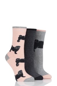 Ladies 3 Pair SockShop Wild Feet Black Pug Dog Cotton Socks