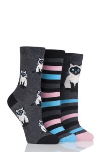 Ladies 3 Pair SockShop Wild Feet Siamese Cat Cotton Socks