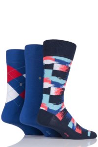 Mens 3 Pair Burlington Argyle, Plain and Painted Check Cotton Socks in Gift Box