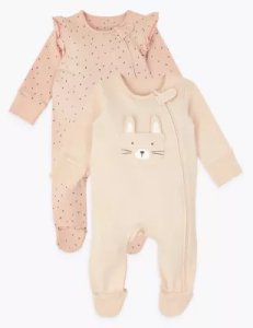 2 Pack Cotton Rich Bunny Sleepsuits