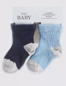 M&S Boys 4pk of Baby Socks (0-24 Mths) - 0-6 - White Mix, White Mix