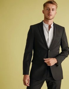 M&S Collection Luxury Black Tailored Fit Wool Jacket with Strech