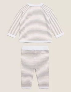 M&S Unisex Boys Girls 2pc Organic Cotton Striped Knitted Outfit (7lbs- 12 Mths) - NB - Opaline Mix, Opaline Mix