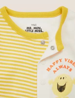 M&S Unisex Boys Girls Pure Cotton Mr. Men™ Striped All in One (7lbs-3 Yrs ) - 0-3 M - Yellow Mix, Yellow Mix