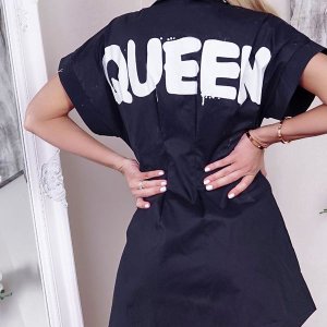 Black Queen Slogan Pin Tuck Waist Oversize Shirt