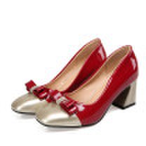 IDIFU Womens Elegant Bowknot Square Toe Wide Work Shoes Color Block Chunky Mid Heels Slip-on Pumps