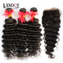 10A Unprocessed Indian Virgin Human Hair Weaves 3 Bundles With Lace Closures Deep Wave Curly Cuticle Aligned Remy Hair Extensions