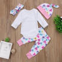 4PCS Newborn Kids Baby Girl Tops Romper Pants Hat Home Outfits Set Clothes 0-24M