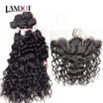 Landot - 9a lace frontal closure with 3 bundles malaysian virgin human hair weaves water natural wave wet and wavy curly remy hair 4pcs lot