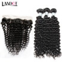 Landot - 9a lace frontal closure with 3 bundles peruvian curly virgin human hair weave 4pcs lot unprocessed deep kinky curl hair extensions
