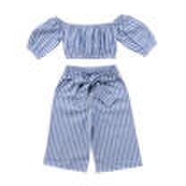 Baby Kids Girls Off-shoulder Tops T-shirt Loose Stripe Bowknot Pants Outfits Set