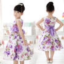 Chic Girls Kids Princess Wedding Party Purple Flower Bow Gown Full Dresses 2-11Y