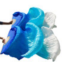 Yi Na Sheng Wu - High selling 100 real silk veils 1 pair handmade women quality silk belly dance fan royal blue turquoise white 18090 cm