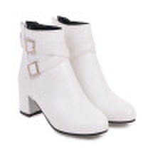 IDIFU Womens Stylish Buckled Cross Strap Round Toe Medium Block Heel Ankle Boots with Side Zipper