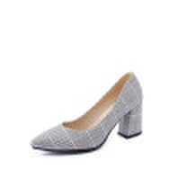 IDIFU Womens Stylish Checkered Pointed Toe Low Cut Block High Heels Slip on Pumps Shoes