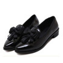 Loafer for women casual pointed toe slip on bowtie tassel block chunky heel boat shoes patent leather wine red black