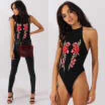 New Floral Embroidered Strappy Mesh Bodysuit Leotard Bodycon Stretch Top Vest