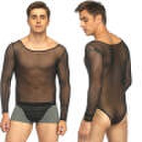 Sexy Men Long Sleeve hollow Black Mesh Sheer T-shirt Transparent Fishnet Tee Top