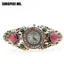 SUNSPICE MS Vintage Indian Bangle Watch Resin Round Bracelet Jewelry Antique Gold Color Cuff Turkish Women Ethnic Festival Gift