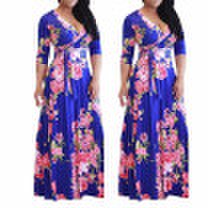 Womens Fashion Bohemian Short Sleeve Floral Print Deep V-neck Maxi Dress Beach Dress Vintage Dress Plus SizeS-5XL
